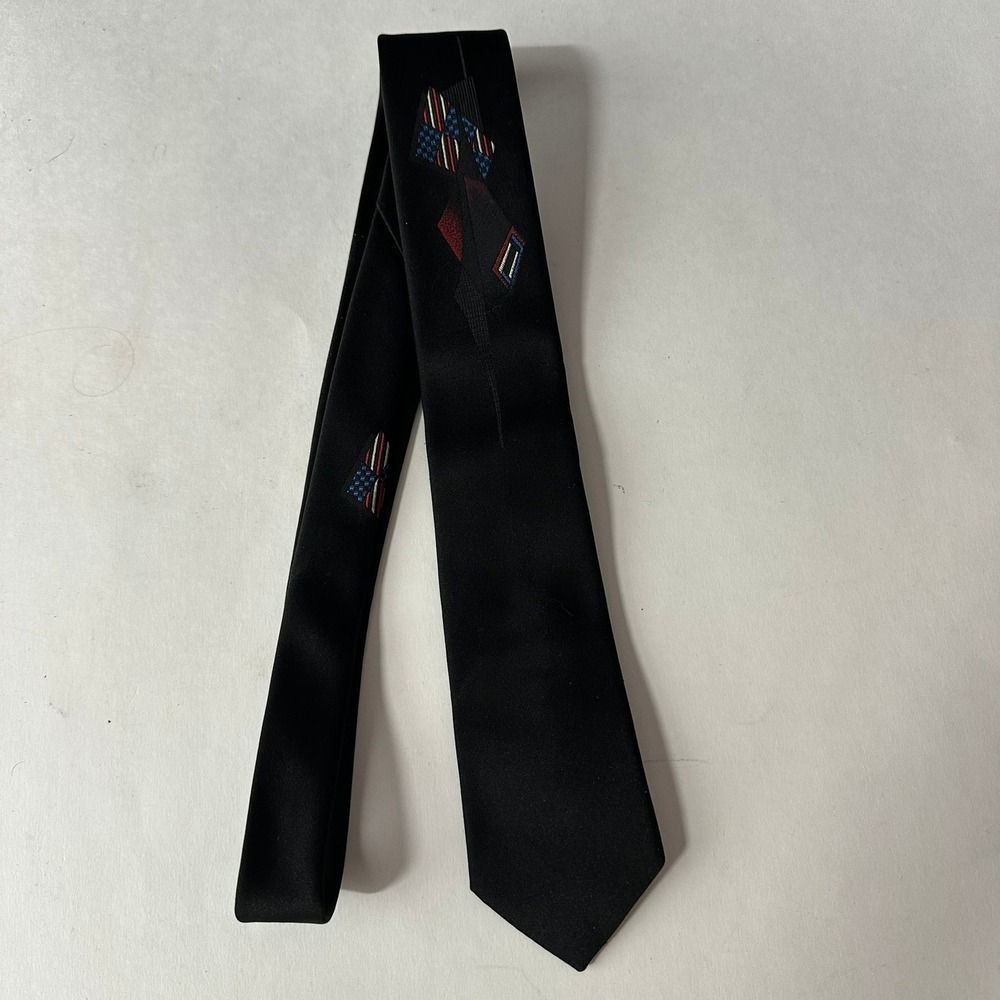 Stringbeans Mens Black Necktie Tie Geometric Patriotic Red White Blue Skinny